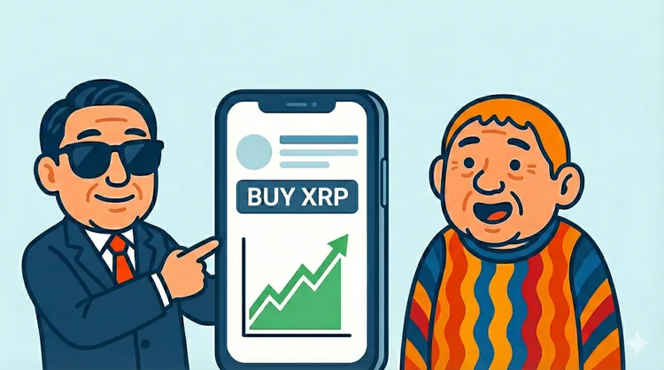 ビットバンクでXRPを購入するイメージ。スマホ画面の「BUY XRP」を指す解説役と、初心者が並んで確認しているイラスト