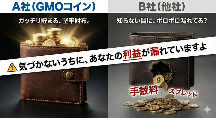 GMOコインのメリットをまとめた図解。入出金手数料無料や自動つみたてなどの記事ポイント