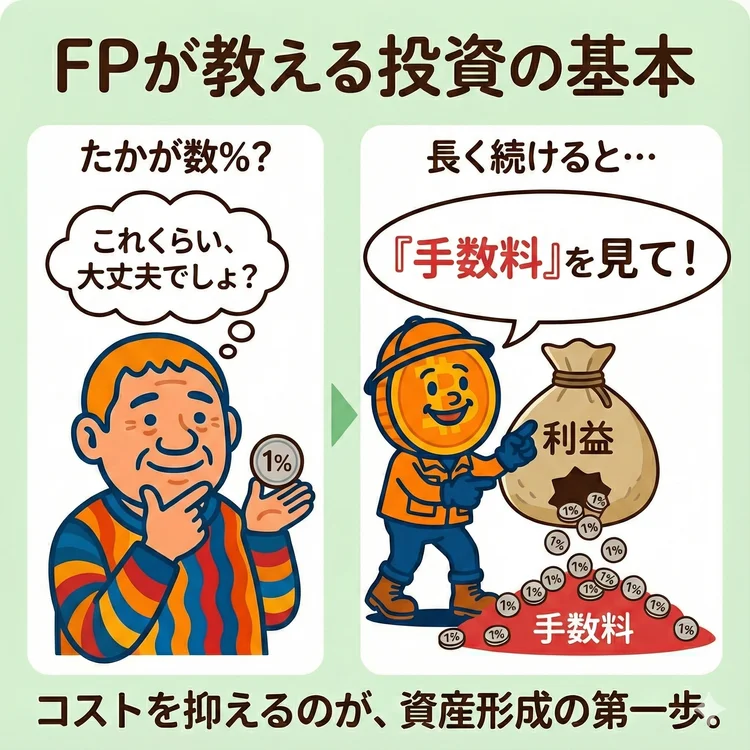 投資では手数料を抑えることが重要だと解説する図。利益から手数料が差し引かれる仕組み