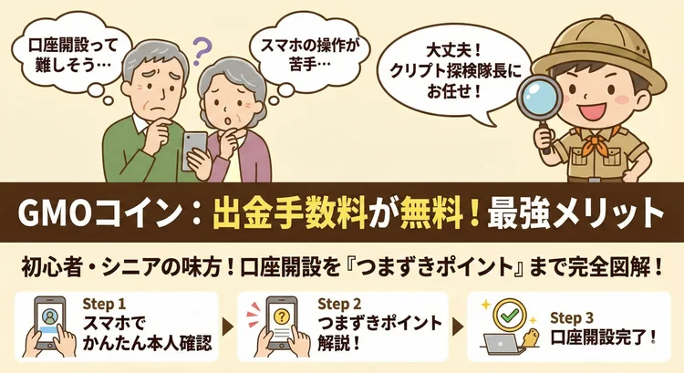 GMOコインは出金手数料が無料で初心者やシニアにもやさしいことを解説する図。スマホで本人確認から口座開設完了までの流れ