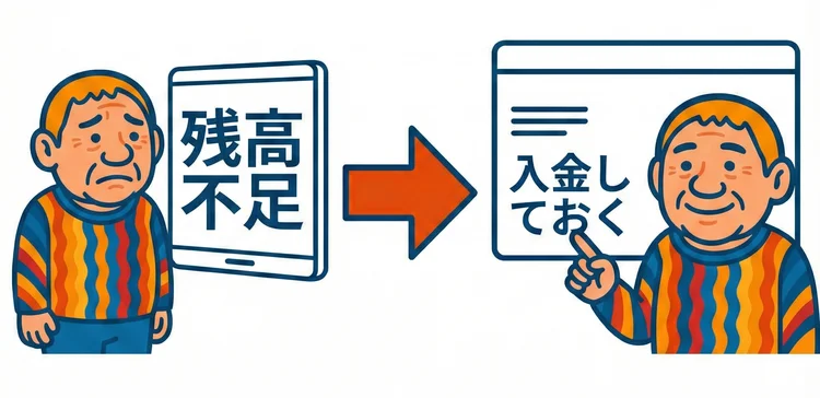 GMOコインで残高不足の場合は積立が実行されないため、事前に日本円を入金しておく必要があることを示したイラスト
