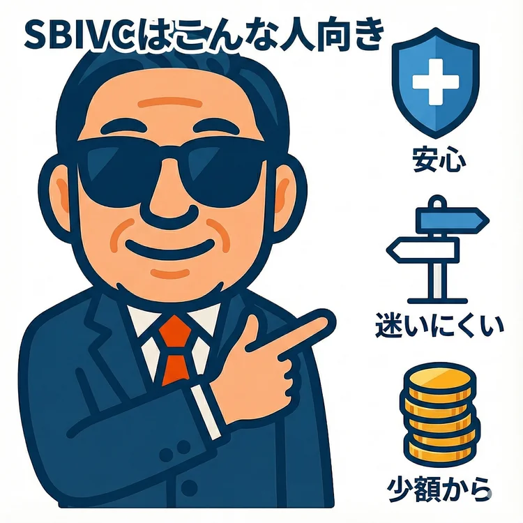 SBI VCトレードは安心で迷いにくく少額から始めたい初心者に向いていることを示すイラスト
